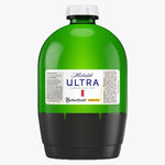 A large bottle of Michelob Ultra beer, featuring a translucent green upper body, a solid black base, and a white screw cap, with a white label in the center.