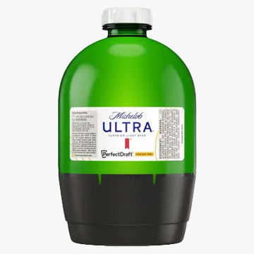 A large bottle of Michelob Ultra beer, featuring a translucent green upper body, a solid black base, and a white screw cap, with a white label in the center.