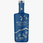 Blue bottle of Mijenta Tequila Aéreo with decorative elements on a white background