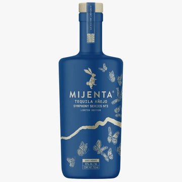 Blue bottle of Mijenta Tequila Aéreo with decorative elements on a white background
