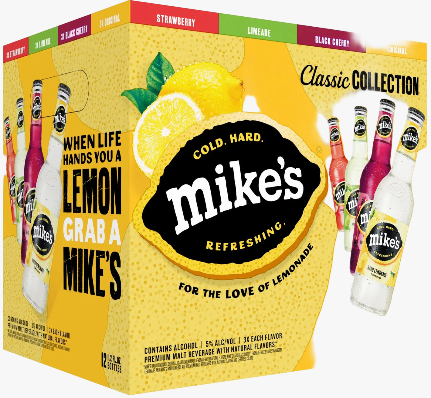 Mike's Lemonade packaging with lemon graphic and text on a yellow background