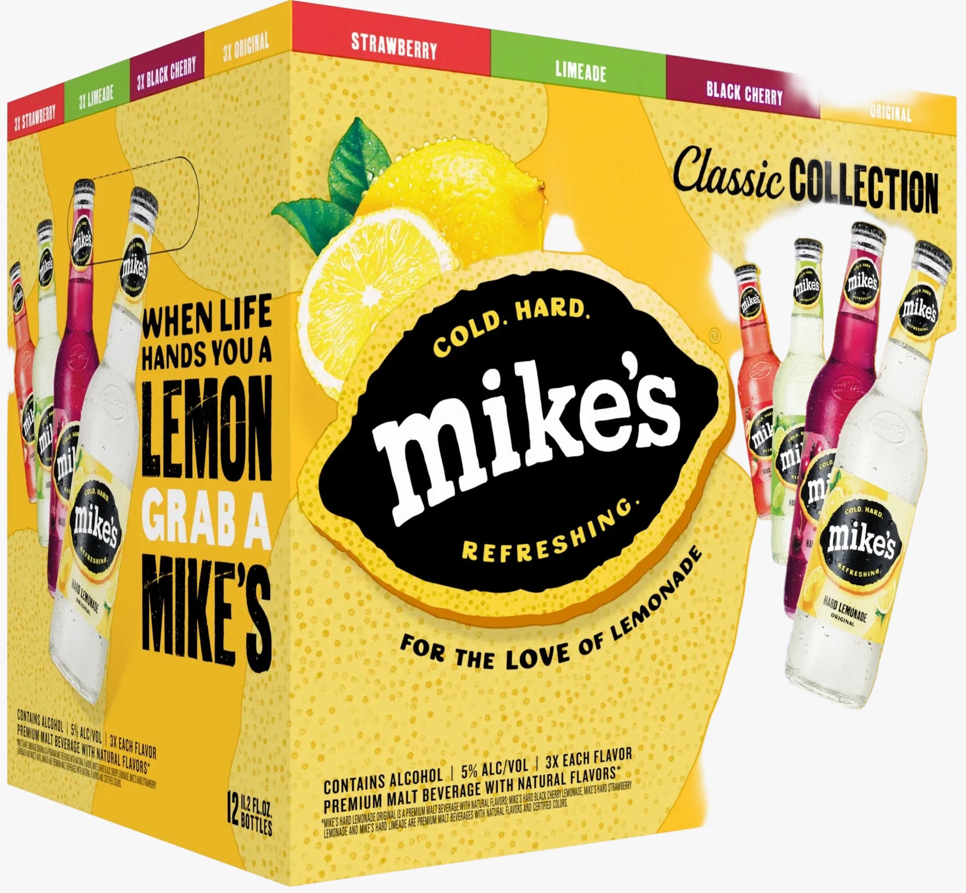 Mike's Lemonade packaging with lemon graphic and text on a yellow background