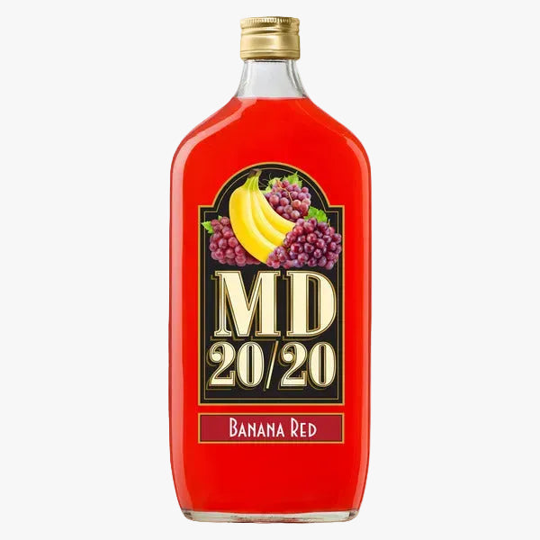 A bottle of MD 20/20 Banana Red syrup with a gold cap, filled with a vibrant red liquid, and featuring a label with illustrations of bananas and purple grapes.