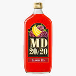A bottle of MD 20/20 Banana Red syrup with a gold cap, filled with a vibrant red liquid, and featuring a label with illustrations of bananas and purple grapes.