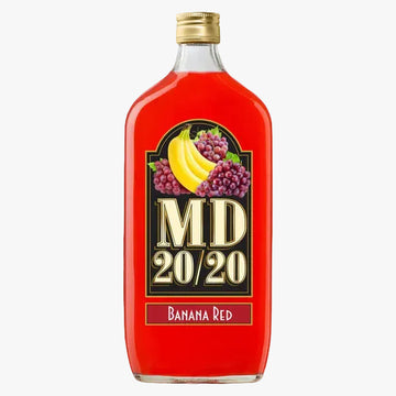 A bottle of MD 20/20 Banana Red syrup with a gold cap, filled with a vibrant red liquid, and featuring a label with illustrations of bananas and purple grapes.