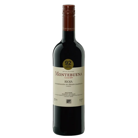 A bottle of Montebuena Rioja red wine, featuring a dark glass bottle with a cream-colored label and a brown screw cap, set against a plain white background.