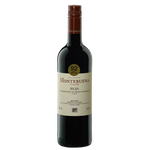 A bottle of Montebuena Rioja red wine, featuring a dark glass bottle with a cream-colored label and a brown screw cap, set against a plain white background.