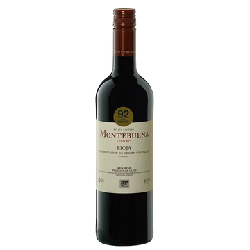 A bottle of Montebuena Rioja red wine, featuring a dark glass bottle with a cream-colored label and a brown screw cap, set against a plain white background.