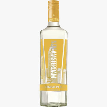 A bottle of Nagle & Amsterdam Pineapple liqueur with a yellow and white label, set against a plain white background.