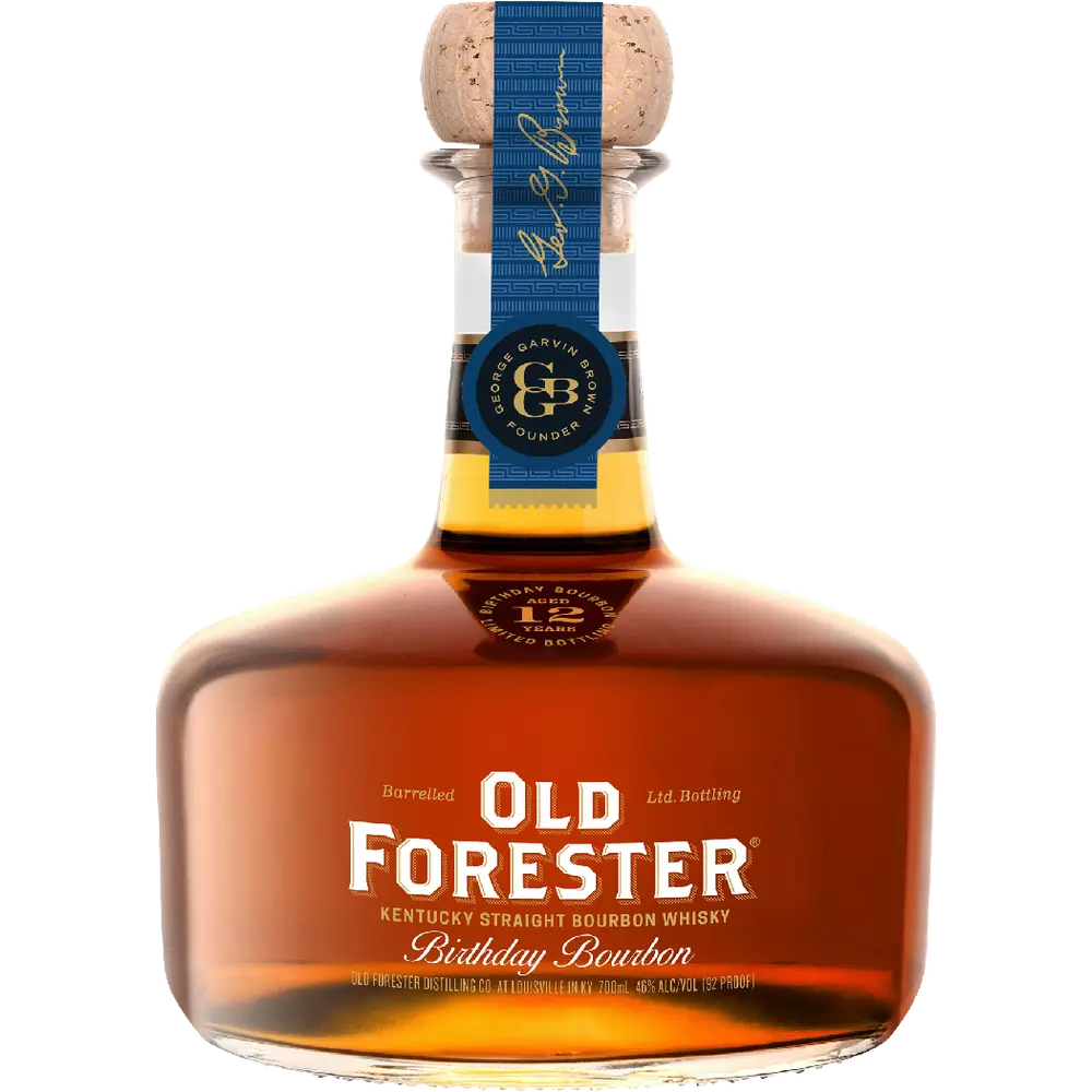 A bottle of Old Forester Kentucky Straight Bourbon Whisky, Birthday Bourbon, featuring amber liquid, a white and blue label, and a cork stopper on a white background.