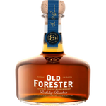 A bottle of Old Forester Kentucky Straight Bourbon Whisky, Birthday Bourbon, featuring amber liquid, a white and blue label, and a cork stopper on a white background.