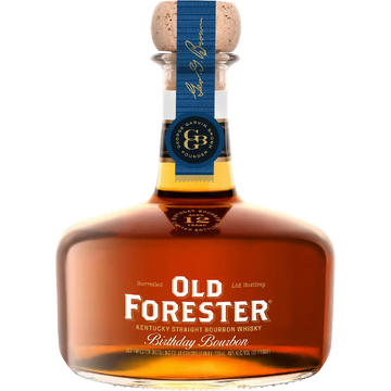 A bottle of Old Forester Kentucky Straight Bourbon Whisky, Birthday Bourbon, featuring amber liquid, a white and blue label, and a cork stopper on a white background.