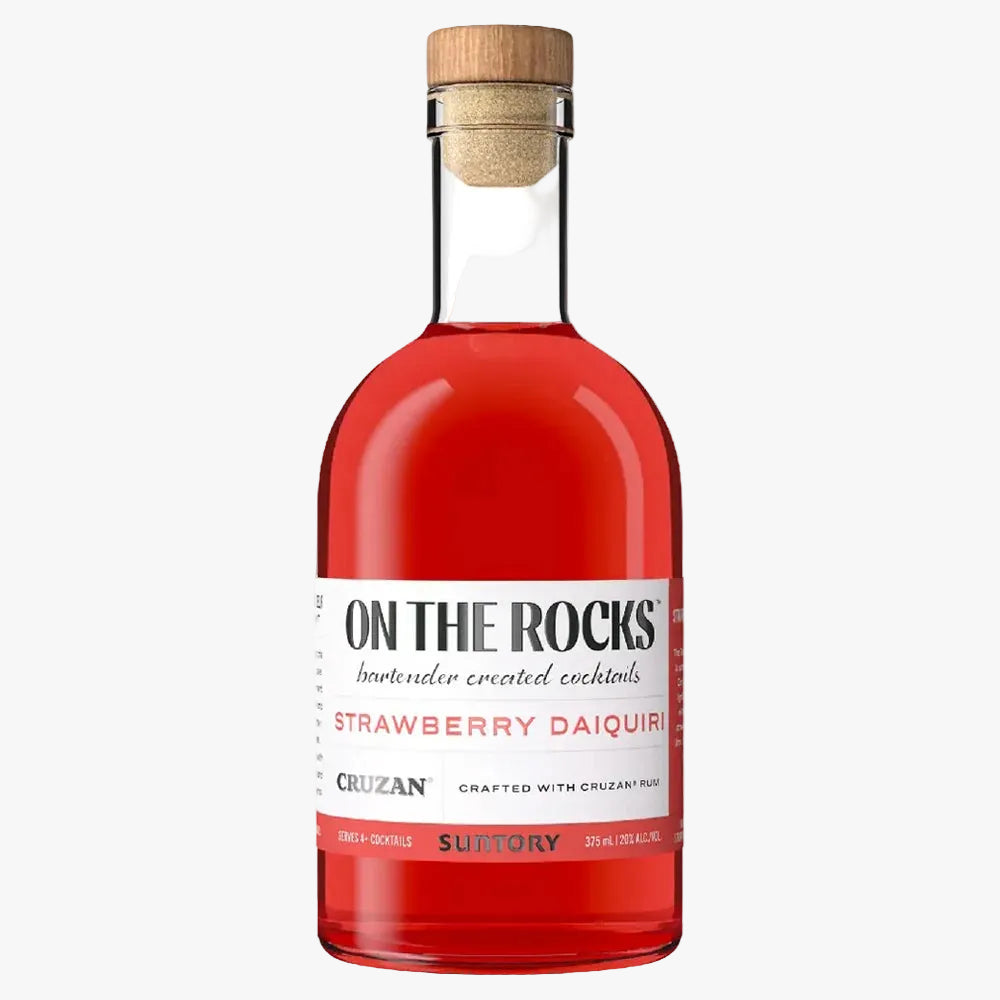 Bottle of 'On The Rocks' Strawberry Daiquiri with a cork cap on a white background
