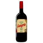 A bottle of Opa's Family Sangria non-alcoholic fortified wine, featuring a beige label with red and green text and illustrations, a red cap, and a dark glass body on a white background.