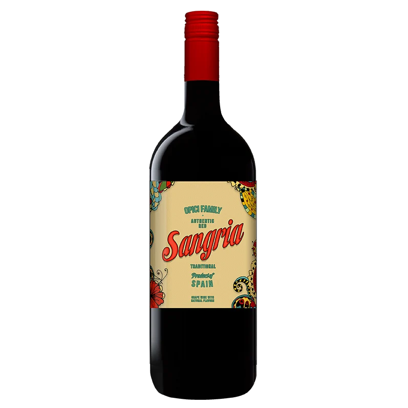 A bottle of Opa's Family Sangria non-alcoholic fortified wine, featuring a beige label with red and green text and illustrations, a red cap, and a dark glass body on a white background.