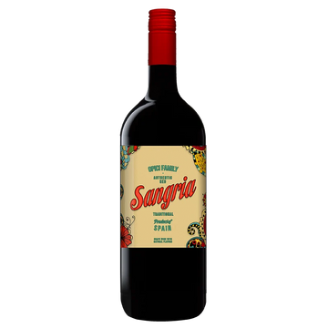 A bottle of Opa's Family Sangria non-alcoholic fortified wine, featuring a beige label with red and green text and illustrations, a red cap, and a dark glass body on a white background.