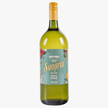 A bottle of Opici Family Sangria Authentic White wine, featuring a light green glass bottle with a yellow-orange cap and a decorative teal label with floral accents.