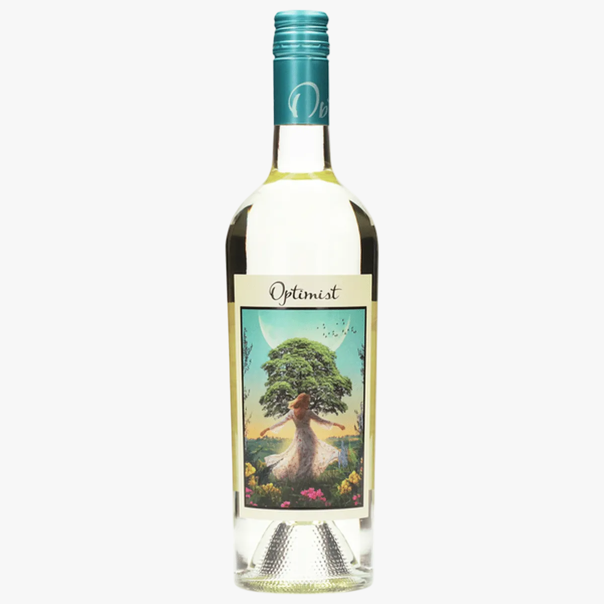 Wine bottle labeled 'Optimist' with a colorful label featuring a tree and person.