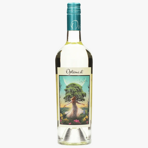 Wine bottle labeled 'Optimist' with a colorful label featuring a tree and person.
