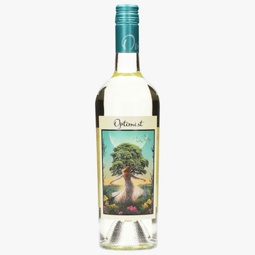 Wine bottle labeled 'Optimist' with a colorful label featuring a tree and person.