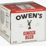 A 4-pack box of Owen's Ginger Beer non-alcoholic cocktail mixer, featuring a white carton with red and black text and a donkey logo.