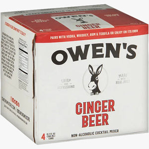 A 4-pack box of Owen's Ginger Beer non-alcoholic cocktail mixer, featuring a white carton with red and black text and a donkey logo.