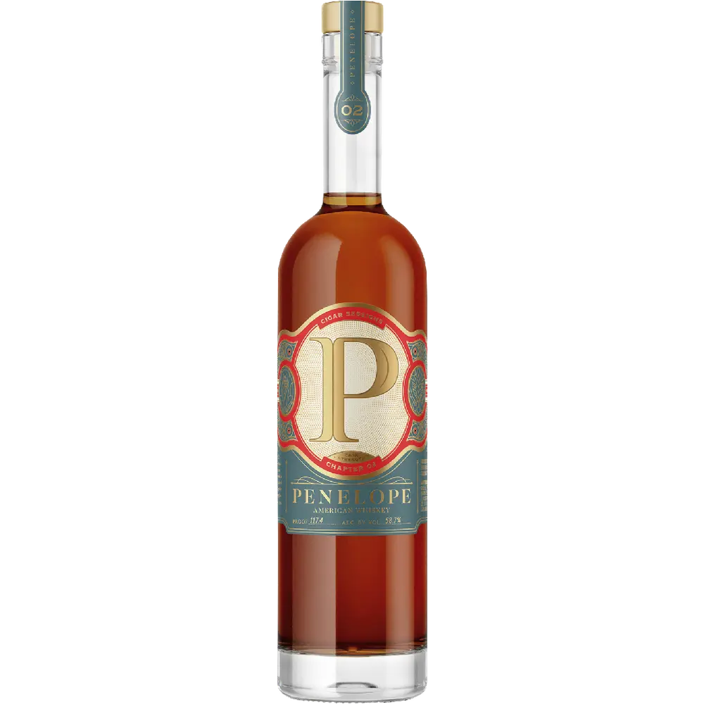 A bottle of Pen Elope Amorcado Añejo 25% rum spirit, featuring a clear glass bottle filled with amber-brown liquid, a cream and teal label with a large gold 'P', and a teal neck seal, set against a plain white background.