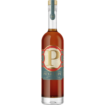 A bottle of Pen Elope Amorcado Añejo 25% rum spirit, featuring a clear glass bottle filled with amber-brown liquid, a cream and teal label with a large gold 'P', and a teal neck seal, set against a plain white background.