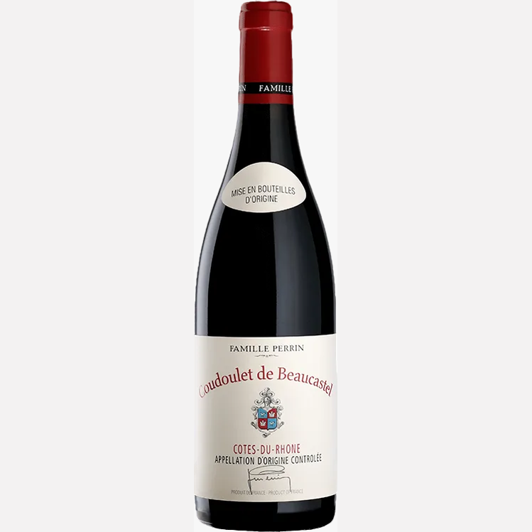 Red wine bottle with a visible label on a white background