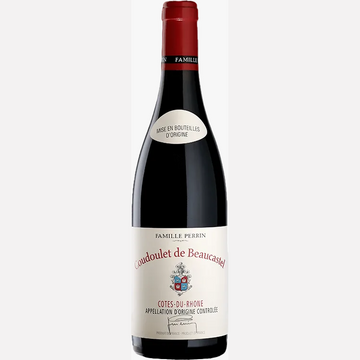 Red wine bottle with a visible label on a white background