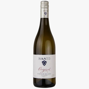 A bottle of Raats Original Chenin Blanc wine on a plain white background.