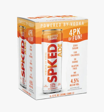 A 4-pack of Spiked ADE Electric Orange canned beverages in a white cardboard tray packaging with orange and gray accents, on a white background.