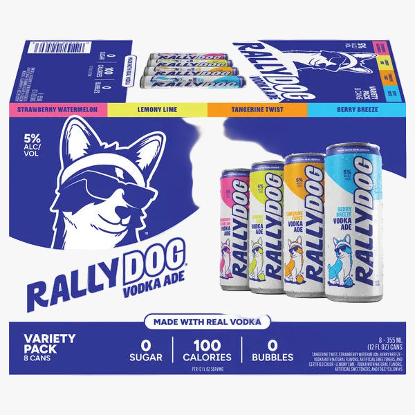 Rally Dog Vodka Aide variety pack box containing 8 cans, featuring a blue and white design with a wolf logo and four sample cans in pink, yellow, orange, and blue flavors.