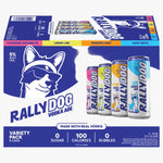Rally Dog Vodka Aide variety pack box containing 8 cans, featuring a blue and white design with a wolf logo and four sample cans in pink, yellow, orange, and blue flavors.