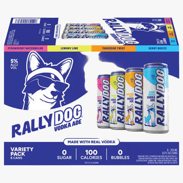 Rally Dog Vodka Aide variety pack box containing 8 cans, featuring a blue and white design with a wolf logo and four sample cans in pink, yellow, orange, and blue flavors.