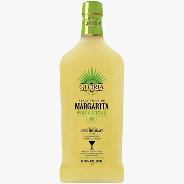 A bottle of Blanco de Gloria Margarita wine cocktail, featuring a pale yellow liquid and a lime green cap and label accents, set against a plain white background.