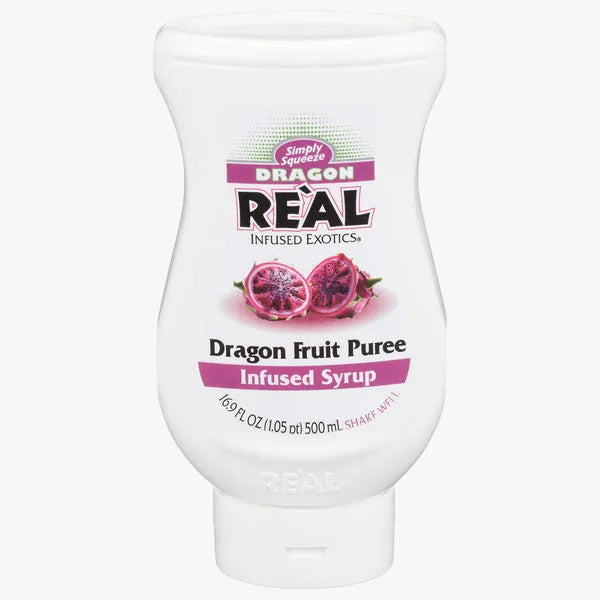 A 500 mL squeeze bottle of Simply Sourced Dragon Real Infused Exotics Dragon Fruit Puree Infused Syrup, featuring a white bottle with a pink and black label and an illustration of sliced dragon fruit.