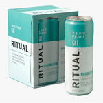Ritual zero proof non-alcoholic drink can and packaging on a teal background