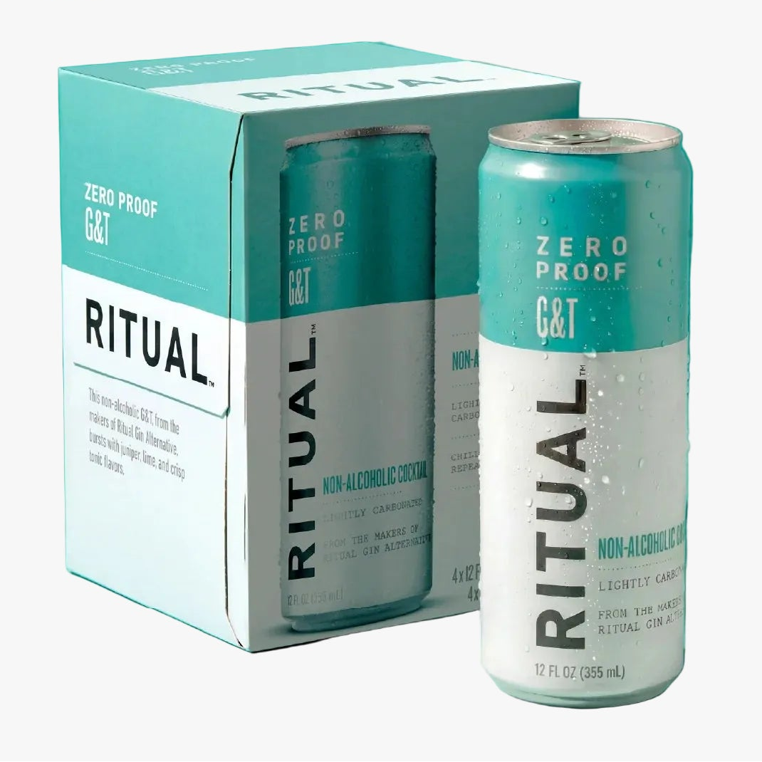 Ritual zero proof non-alcoholic drink can and packaging on a teal background