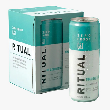 Ritual zero proof non-alcoholic drink can and packaging on a teal background