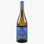 A bottle of Rodney Strong Redwine Strong Red wine from the Tuscan River Valley Chardonnay Reserve, featuring a blue label and a silver foil capsule on a white background.