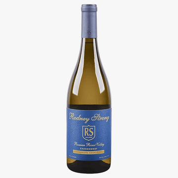 A bottle of Rodney Strong Redwine Strong Red wine from the Tuscan River Valley Chardonnay Reserve, featuring a blue label and a silver foil capsule on a white background.