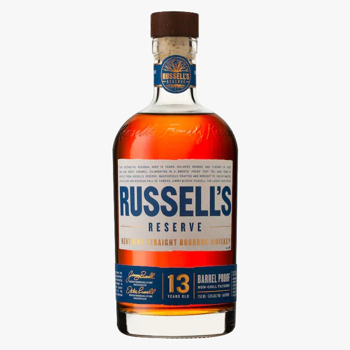 Bottle of Russell's Reserve 13-year-old bourbon whiskey on a white background