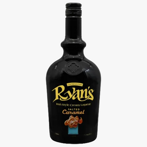 Black bottle of Ryan's Salted Caramel Irish Cream Liqueur on a white background