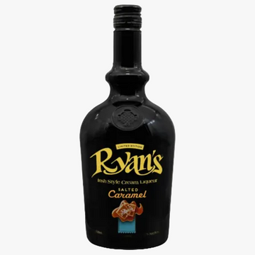Black bottle of Ryan's Salted Caramel Irish Cream Liqueur on a white background