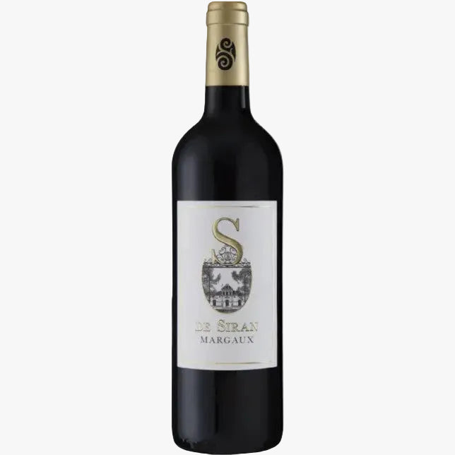 A bottle of Dr. Siran Margaux red wine, featuring a dark glass bottle with a white label and a gold foil neck capsule, set against a plain white background.