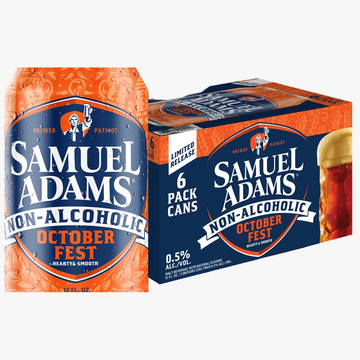A bottle and a 6-pack box of Samuel Adams Non-Alcoholic October Fest beer on a plain white background. The packaging is predominantly dark blue and orange, with white text and a small illustration of a figure holding a flag.