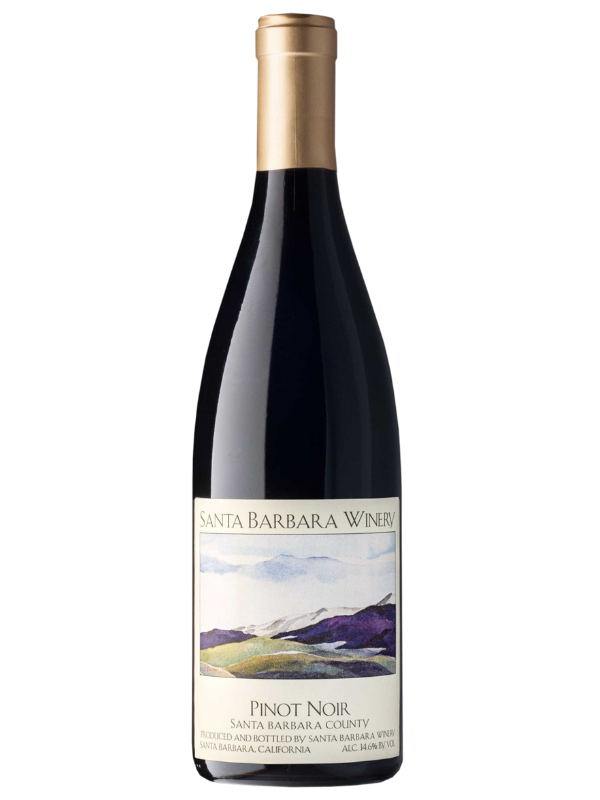 A bottle of Santa Barbara Winery Pinot Noir red wine, featuring a dark glass bottle with a gold foil capsule and a landscape illustration label on a white background.