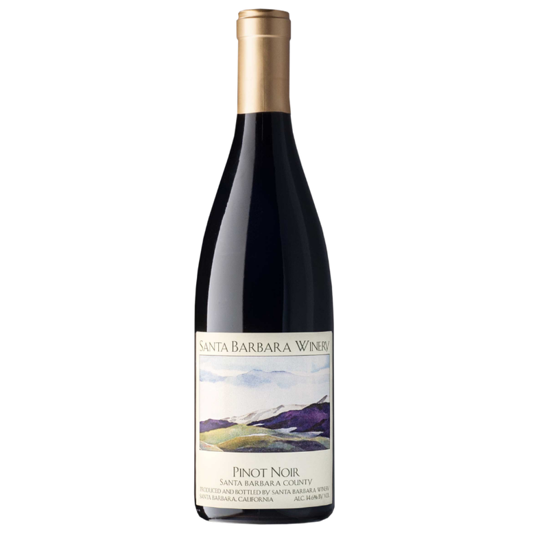 A bottle of Santa Barbara Winery Pinot Noir red wine, featuring a dark glass bottle with a gold foil capsule and a landscape illustration label on a white background.