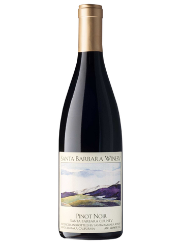 A bottle of Santa Barbara Winery Pinot Noir red wine, featuring a dark glass bottle with a gold foil capsule and a landscape illustration label on a white background.
